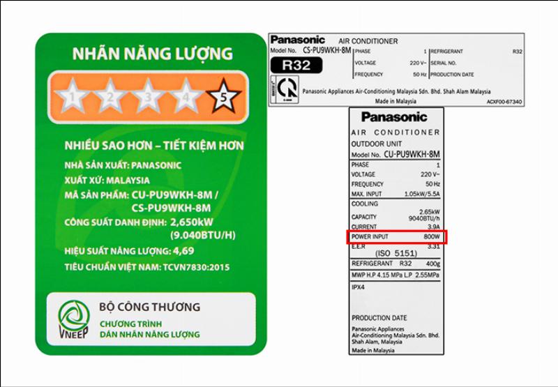 Minh họa nhãn thông số kỹ thuật trên thiết bị điện hiển thị công suất tiêu thụ